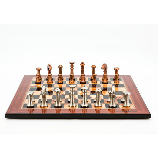 Dal Rossi Italy Chess Set Flat  Walnut Shiny Finish Board 50cm, With Metal Copper and silver Chessmen 80mm