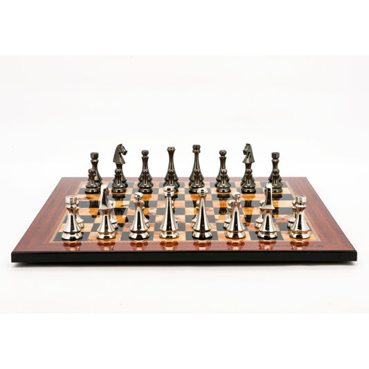 Dal Rossi Italy Chess Set Flat  Walnut Finish Board 50cm, With Metal Dark Titanium and Silver chessmen 85mm