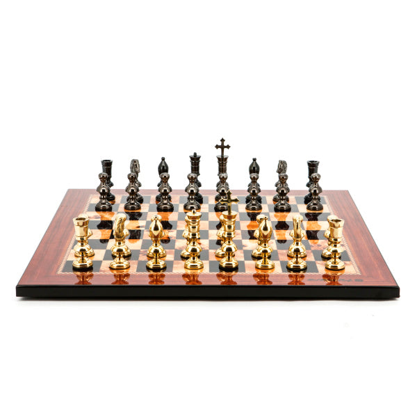 Dal Rossi Italy Chess Set Flat  Walnut Finish Board 50cm, With Metal Dark Titanium and Gold Chessmen 110mm