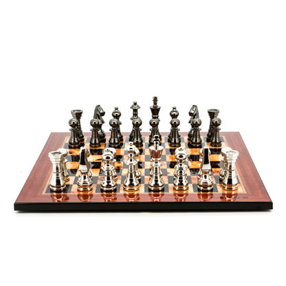 Dal Rossi Italy Chess Set Flat  Walnut Finish Board 50cm, With Metal Dark Titanium and Silver chessmen 115mm