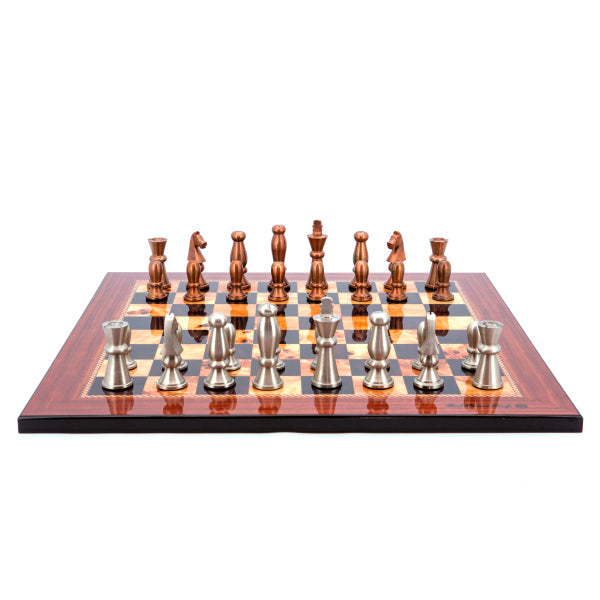 Dal Rossi Italy Chess Set Walnut Finish Flat Board 50cm, With Copper &amp; Silver Weighted Metal Chess Pieces 85mm pieces