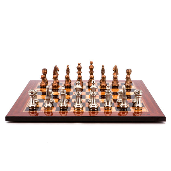 Dal Rossi Italy Chess Set Walnut Finish Flat Board 50cm, With Copper and Silver Weighted Metal Chess Pieces 100mm pieces