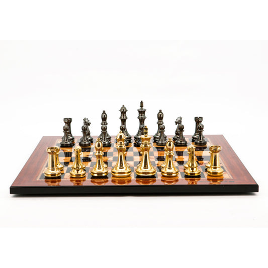 Dal Rossi Italy Chess Set Walnut Finish Board 50cm, With Very Heavy Brass Staunton Gold and Silver chessmen 110mm