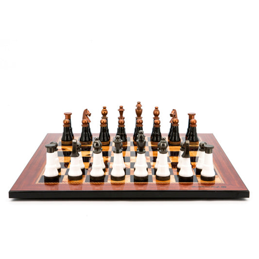 Dal Rossi Italy Chess Set Flat  Walnut Finish 50cm, With Black and White with Copper and Gun Metal Gray Tops and Bottoms Chess Pieces 110mm