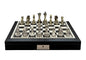 Dal Rossi Italy Chess Set with Black and White PU Leather Bevelled Edge chess box with compartments 18″ and Regal Copper and Silver 90mm Chess Pieces