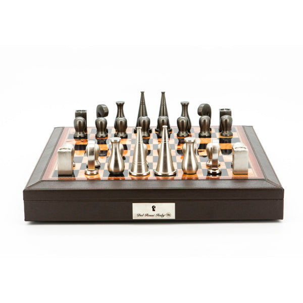 Dal Rossi Italy Chess Set 18” Brown with PU Leather Edge with compartments, With Metal Dark Titanium and Silver 90mm Chessmen