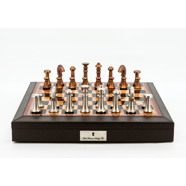 Dal Rossi Italy Chess Set 18” Brown with PU Leather Bevelled Edge with compartments, With Metal Copper and silver Chessmen 80mm