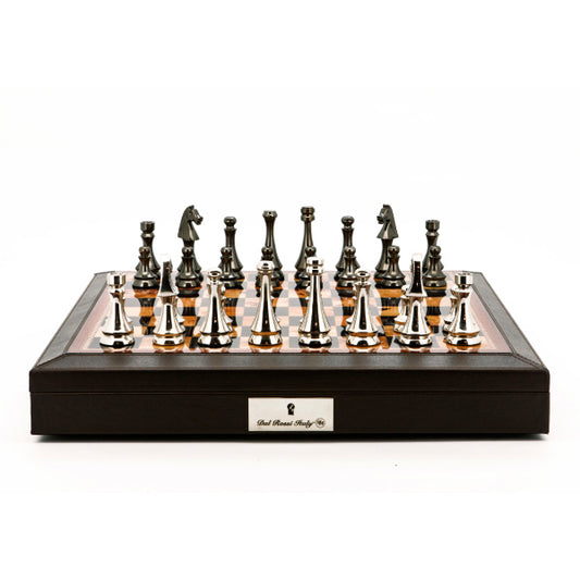 Dal Rossi Italy Chess Set 18” Brown with PU Leather Edge with compartments, With Metal Dark Titanium and Silver chessmen 85mm