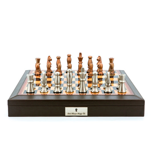 Dal Rossi Italy Chess Set 18” Brown with PU Leather Edge with compartments, With Copper &amp; Silver Weighted Metal 85mm Chess Pieces