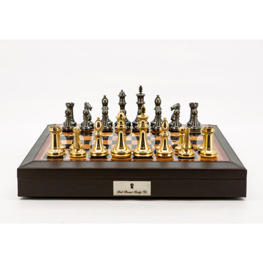 Dal Rossi Italy Chess Set 18" Brown and White with PU Leather Brown Edge with compartments, With Very Heavy Brass Staunton Gold and Silver chessmen 110mm