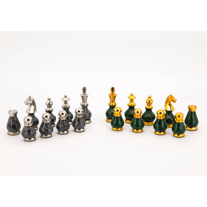 Dal Rossi Italy Chess Set Flat  Black/Erable Board 50cm, With Gray and Green Gold and Silver Metal Tops and Bottoms Chess Pieces 90mm