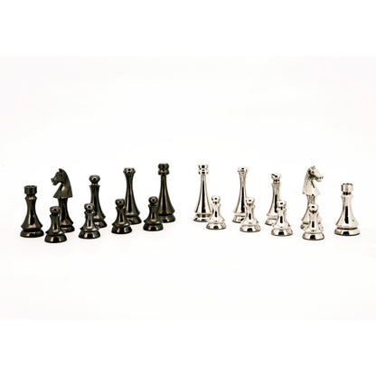 Dal Rossi Italy Chess Set Flat  Carbon Fibre Board 50cm, With Metal Dark Titanium and Silver chessmen 85mm