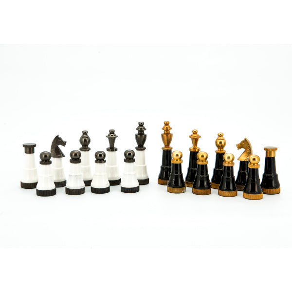 Dal Rossi Italy Chess Set Flat  Carbon Fibre Board 50cm, With Black and White with Gold and Gun Metal Tops and Bottoms Chessmen 110mm