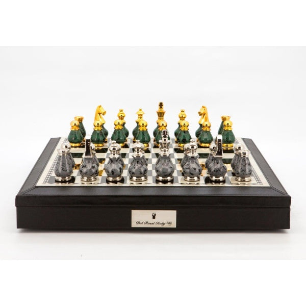 Dal Rossi Italy Chess Set 18” Black and White with PU Leather Black Edge with compartments, With Gray and Green Gold and Silver Metal Tops and Bottoms Chess Pieces 90mm