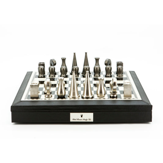 Dal Rossi Italy Chess Set 18” Black and White, With Black PU Leather Bevelled Edge with compartments, With Metal Dark Titanium and Silver 90mm Chessmen