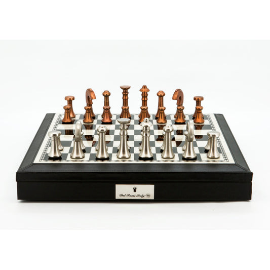 Dal Rossi Italy Chess Set 18” Black and White, With Black PU Leather Bevelled Edge with compartments, With Metal Copper and silver Chessmen 80mm