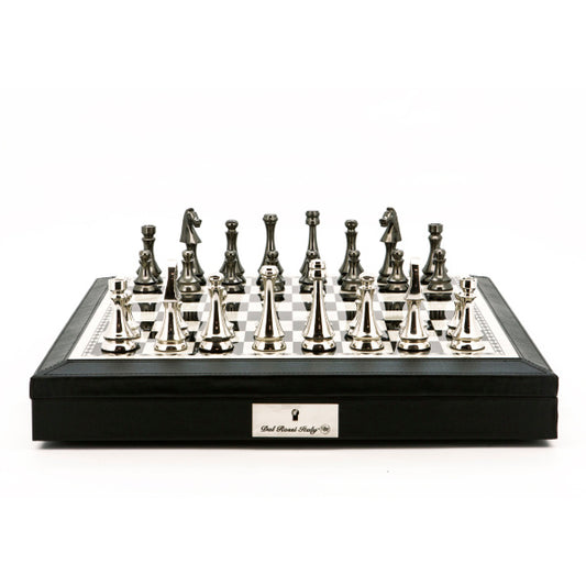 Dal Rossi Italy Chess Set 18” Black and White with Black PU Leather Edge with compartments, With Metal Dark Titanium and Silver chessmen 85mm