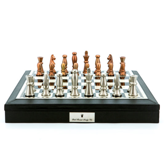 Dal Rossi Italy Chess Set 18” With Black PU Leather Edge with compartments, With Copper &amp; Silver Weighted Metal 85mm Chess Pieces