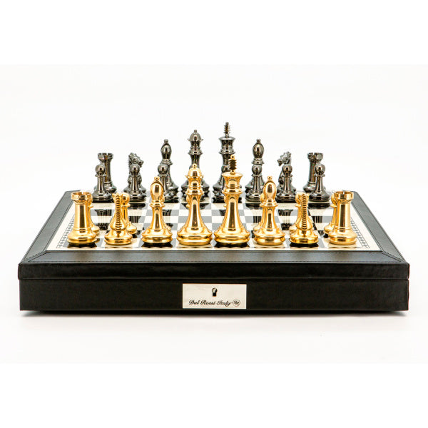 Dal Rossi Italy Chess Set 18" Black and White with PU Leather Black Edge with compartments, With Very Heavy Brass Staunton Gold and Silver chessmen 110mm