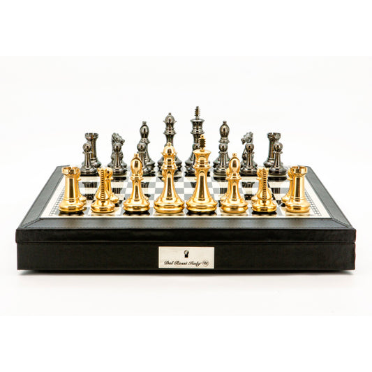 Dal Rossi Italy Chess Set 18" Black and White with PU Leather Black Edge with compartments, With Very Heavy Brass Staunton Gold and Silver chessmen 110mm