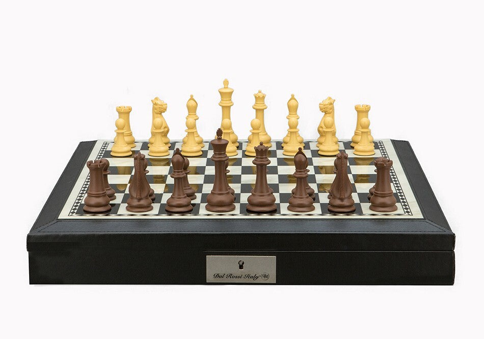 Dal Rossi Italy Chess Set 18” Black and White with Black PU Leather Edge with compartments, With Queens Gambit chessmen 90mm