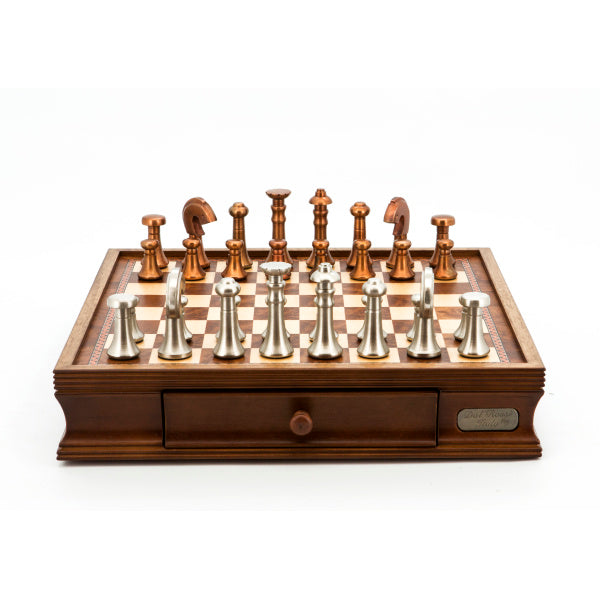 Dal Rossi Italy Chess Set Walnut Finish 16″ With Two Drawers, With Metal Dark Titanium and Gold Chessmen 110mm