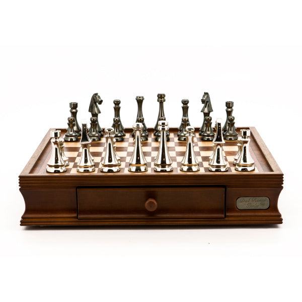 Dal Rossi Italy Chess Set Walnut Finish 16″ With Two Drawers, With Metal Dark Titanium and Silver chessmen 85mm