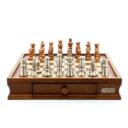 Dal Rossi Italy Chess Set Walnut Finish 16″ With Two Drawers, With Copper and Silver Weighted Metal Chess Pieces 85mm pieces