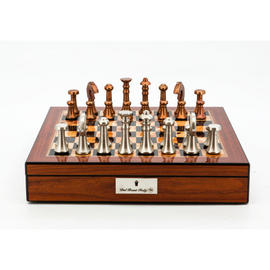 Dal Rossi Italy Chess Set Walnut Shinny Finish 16″ With Compartments, With Metal Copper and silver Chessmen 80mm