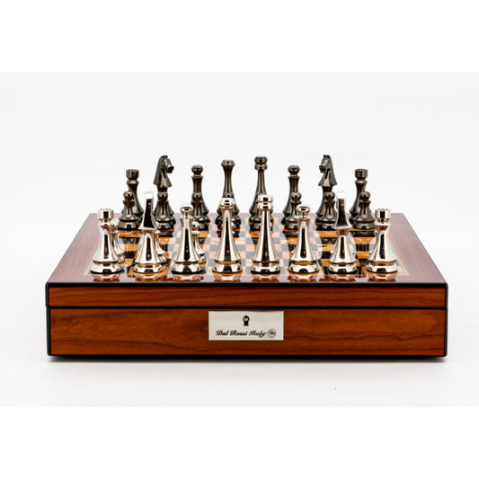 Dal Rossi Italy Chess Set Walnut Finish 16″ With Compartments, With Metal Dark Titanium and Silver chessmen 85mm