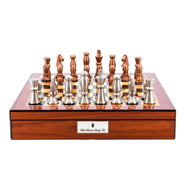 Dal Rossi Italy Chess Set Walnut Finish 16" With Compartments, With Copper &amp; Silver Weighted Metal Chess Pieces 85mm pieces