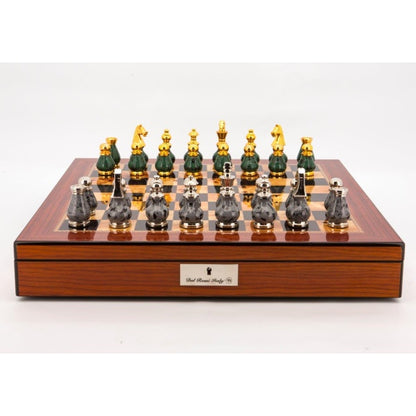 Dal Rossi Italy Chess Set Walnut Finish 20" With Compartments, With Gray and Green Gold and Silver Metal Tops and Bottoms Chess Pieces 90mm