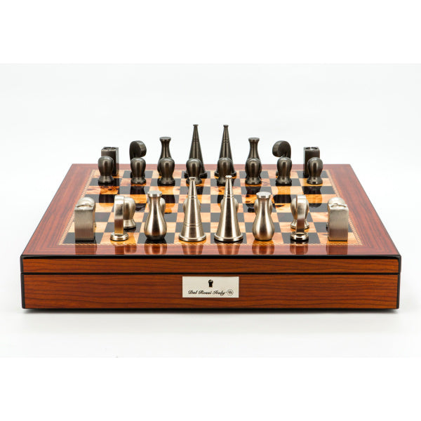 Dal Rossi Italy Chess Set Walnut Finish 20″ With Compartments, With Metal Dark Titanium and Silver 90mm Chessmen