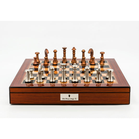 Dal Rossi Italy Chess Set Walnut Shinny Finish 20″ With Compartments, With Metal Copper and silver Chessmen 80mm