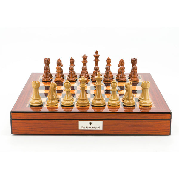 Dal Rossi Italy Chess Set Walnut Shinny Finish 20″ With Compartments, Brown and Box Wood Grain Finish 110mm Chess Pieces