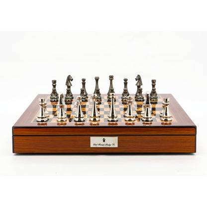 Dal Rossi Italy Chess Set Walnut Shinny Finish 20″ With Compartments, With Metal Dark Titanium and Silver chessmen 85mm