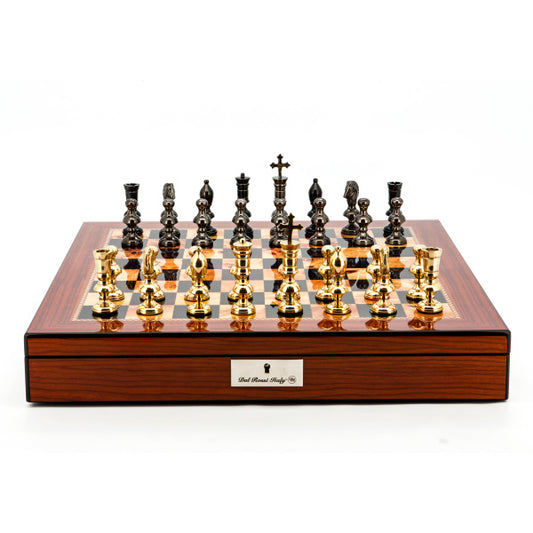 Dal Rossi Italy Chess Set Walnut Shinny Finish 20″ With Compartments, With Metal Dark Titanium and Gold Chessmen 110mm