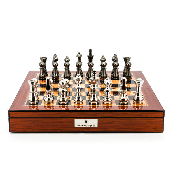 Dal Rossi Italy Chess Set Walnut Shinny Finish 20″ With Compartments, With Metal Dark Titanium and Silver chessmen 115mm