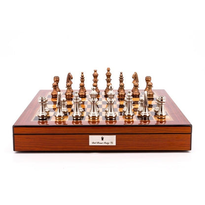 Dal Rossi Italy Chess Set Walnut Finish 20" With Compartments, With Copper and Silver Weighted Metal Chess Pieces 100mm