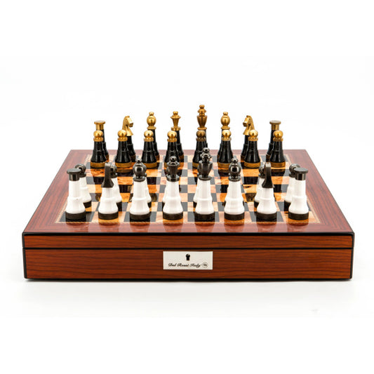 Dal Rossi Italy Chess Set Walnut Shinny Finish 20″ With Compartments, With Black and White with Gold and Gun Metal Tops and Bottoms Chessmen 110mm