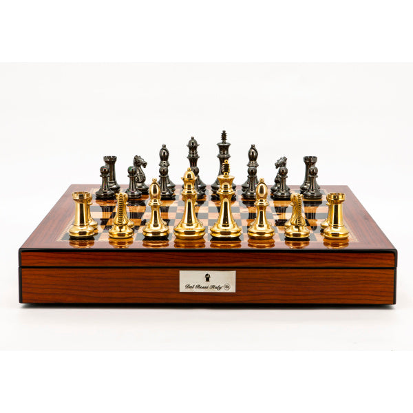 Dal Rossi Italy Chess Set Walnut Shinny Finish 20″ With Compartments, With Very Heavy Brass Staunton Gold and Silver chessmen 110mm