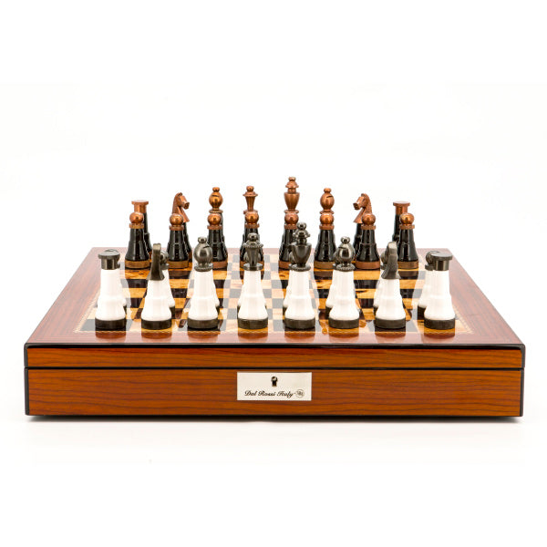 Dal Rossi Italy Chess Set Walnut Finish 20″ With Compartments, With Black and White with Copper and Gun Metal Gray Tops and Bottoms Chess Pieces 110mm