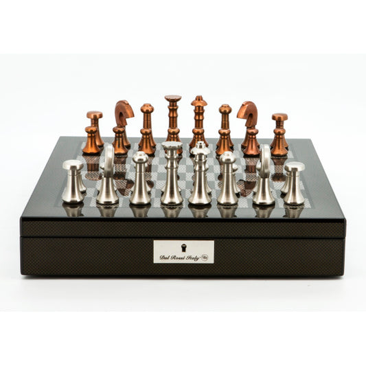 Dal Rossi Italy Chess Set Carbon Fibre Shinny Finish 16″ With Compartments, With Metal Copper and silver Chessmen 80mm