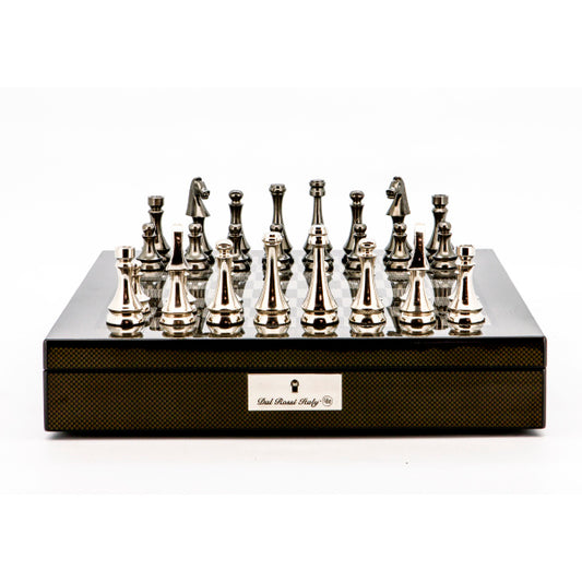 Dal Rossi Italy Chess Set Carbon Fibre Finish 16″ With Compartments, With Metal Dark Titanium and Silver chessmen 85mm