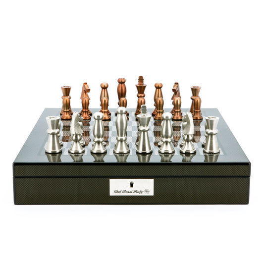 Dal Rossi Italy Chess Set Carbon Fibre Finish 16″ With Compartments, With Copper &amp; Silver Weighted Metal Chess Pieces 85mm pieces