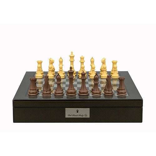 Dal Rossi Italy Chess Set Carbon Fibre Shinny Finish16″ With Compartments, With Queens Gambit Chessmen 90mm