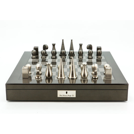 Dal Rossi Italy Chess Set Carbon Fibre Finish 20″ With Compartments, With Metal Dark Titanium and Silver 90mm Chessmen