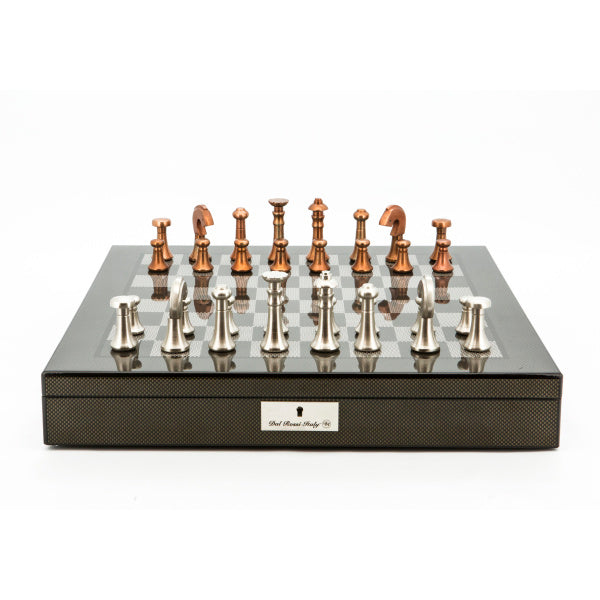 Dal Rossi Italy Chess Set Carbon Fibre Shinny Finish 20″ With Compartments, With Metal Copper and silver Chessmen 80mm