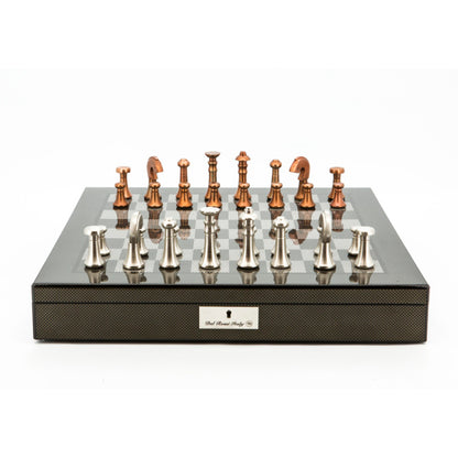 Dal Rossi Italy Chess Set Carbon Fibre Shinny Finish 20″ With Compartments, With Metal Copper and silver Chessmen 80mm