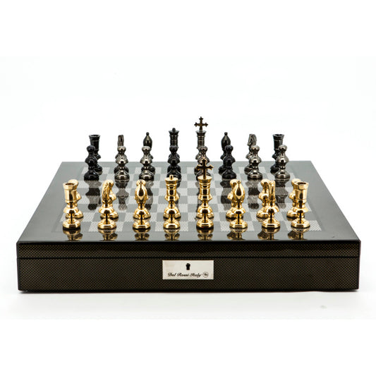 Dal Rossi Italy Chess Set Carbon Fibre Shinny Finish 20″ With Compartments, With Metal Dark Titanium and Gold Chessmen 110mm